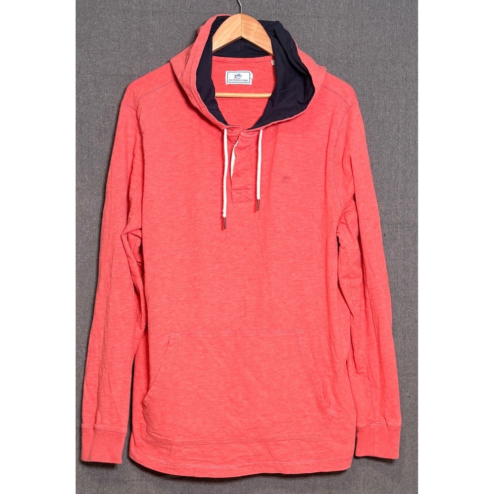 Southern Tide Mens XL Coral Pink Henley Hoodie Long Sleeve Cotton Pullover Shirt